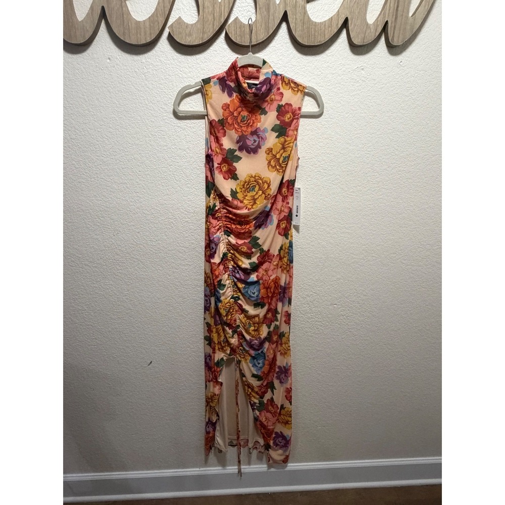 Aqua Womens Floral Mesh Mock Neck Ruched Side Slit Midi Dress Peach Orange Small